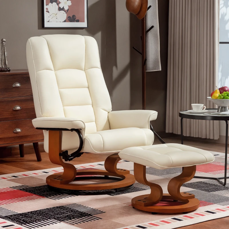 HOMCOM Fauteuil de relaxation inclinable avec repose-pied, pivotant, cadre en bois , revêtement synthétique crème(m-8)