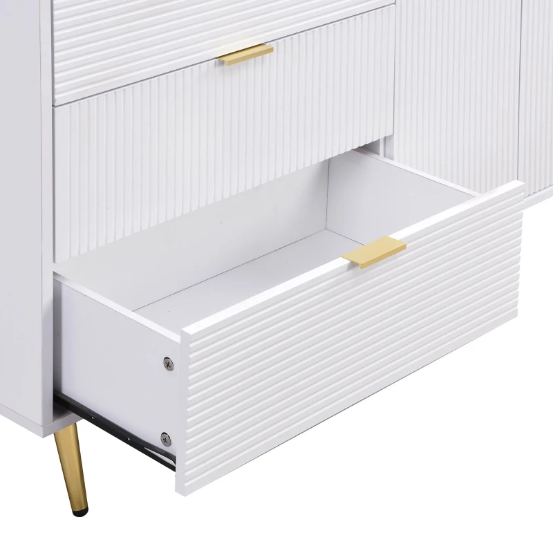 Credenza con ante e ripiani interni, cassetti, maniglie e gambe dorate, 120x38x80,5 cm, Bianco