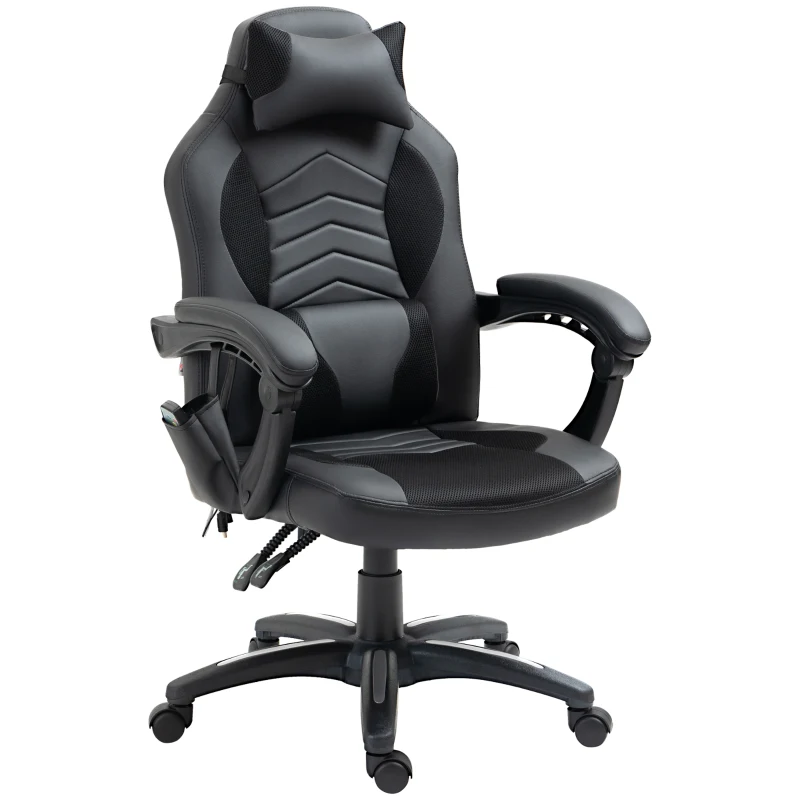 HOMCOM Bürostuhl Massagesessel Massagefunktion mit 6 Vibrationspunkte Ergonomischer Gaming Stuhl mit Wärmefunktion Kunstleder Schwarz 68 x 69 x 108-117cm