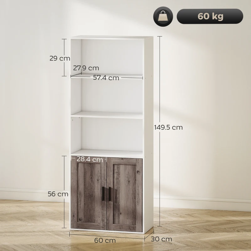 HOMCOM Libreria con Mensole Aperte e Armadio con Ante, 60x30x149,5 cm, Bianco e Marrone