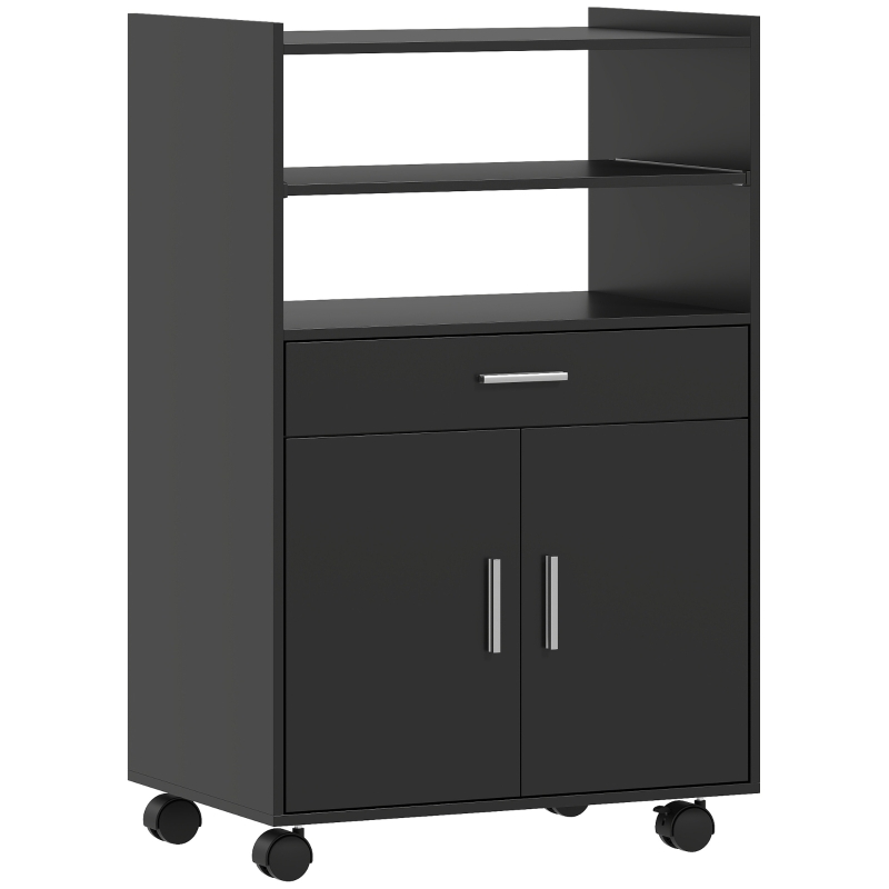HOMCOM Mikrowellenwagen aus Holz mit Schublade, zweitürigem Schrank und 2 Regalen, 59x40x92 cm, Schwarz