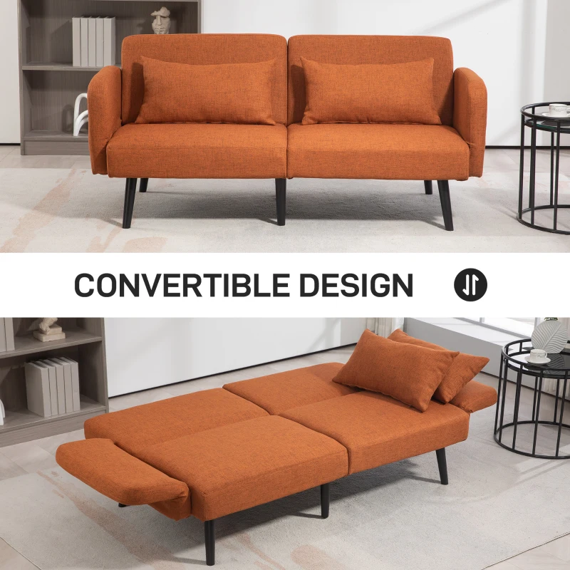 HOMCOM Canapea Pat cu Brațe și Spătar Reglabile și 2 Pernițe, Canapea 3 Locuri, 170x83x80 cm, Maro