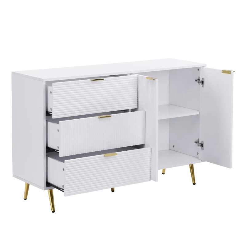 Credenza con ante e ripiani interni, cassetti, maniglie e gambe dorate, 120x38x80,5 cm, Bianco