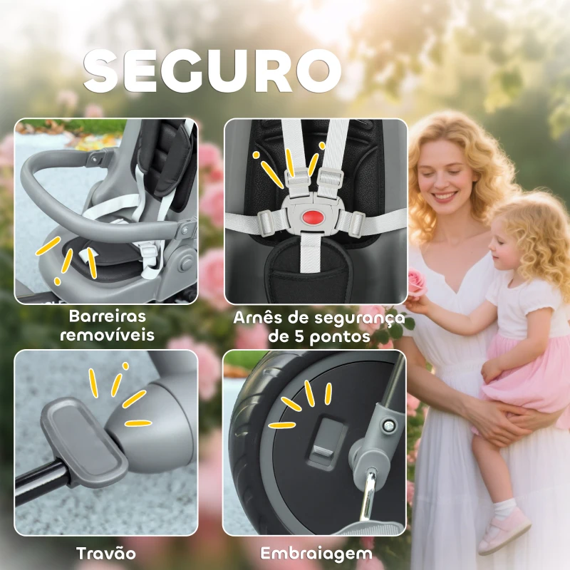 AIYAPLAY Triciclo Evolutivo 6 em 1 Dobrável com Assento Giratório de 360° Mango Parental Encosto Reclinável Toldo 111,5x52x98 cm Preto