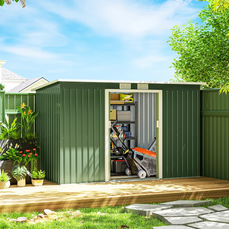 Outsunny Abri de Jardin 3,6 m² Remise à Outils avec kit de fondation en Acier galvanisé avec Portes coulissantes Vert clair(m-9)
