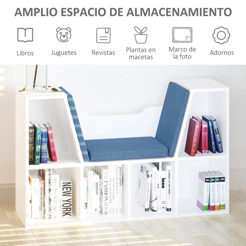 HOMCOM Librería con Asiento Estantería de Libros con 6 Cubos Cojín para Sala de Estar Dormitorio 102x30x61cm Blanco y Azul