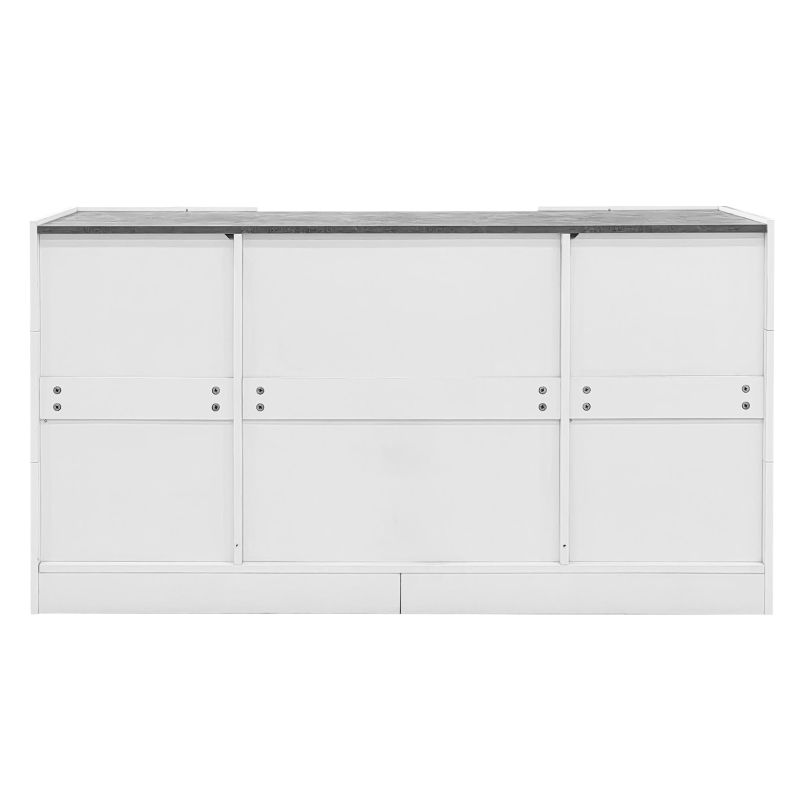 Buffet avec éclairage LED, tiroirs, façades brillantes et aspect marbre, 140x35x75 cm, Blanc+Gris