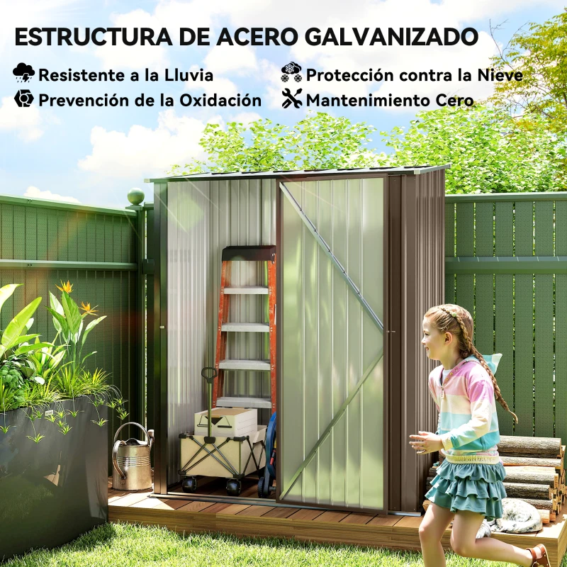 Outsunny Caseta de Jardín Metálica 1,34 m² 161,5x94,5x196 cm con 1 Puerta y Cerradura para Almacenamiento de Herramientas Marrón(m-4)