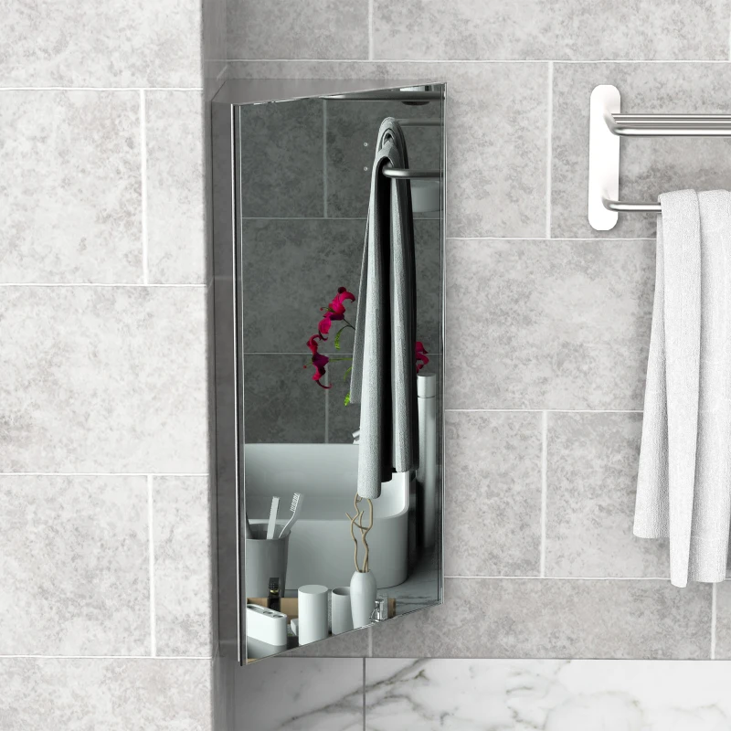 HOMCOM Wall Mounted Corner Bathroom Mirror, Stainless Steel Mirror Cabinet with 3-tier Shelves, Single Door(m-9)