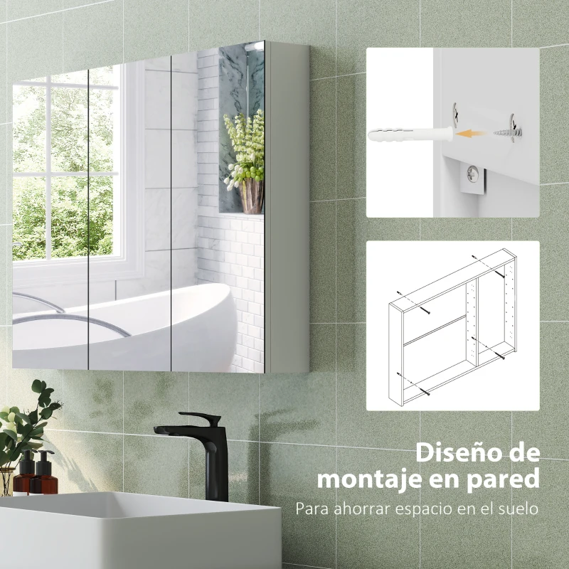 HOMCOM Armario de Baño con Espejo Armario de Pared con 3 Puertas Estantes Ajustables 91,5x11,5x65 cm Blanco