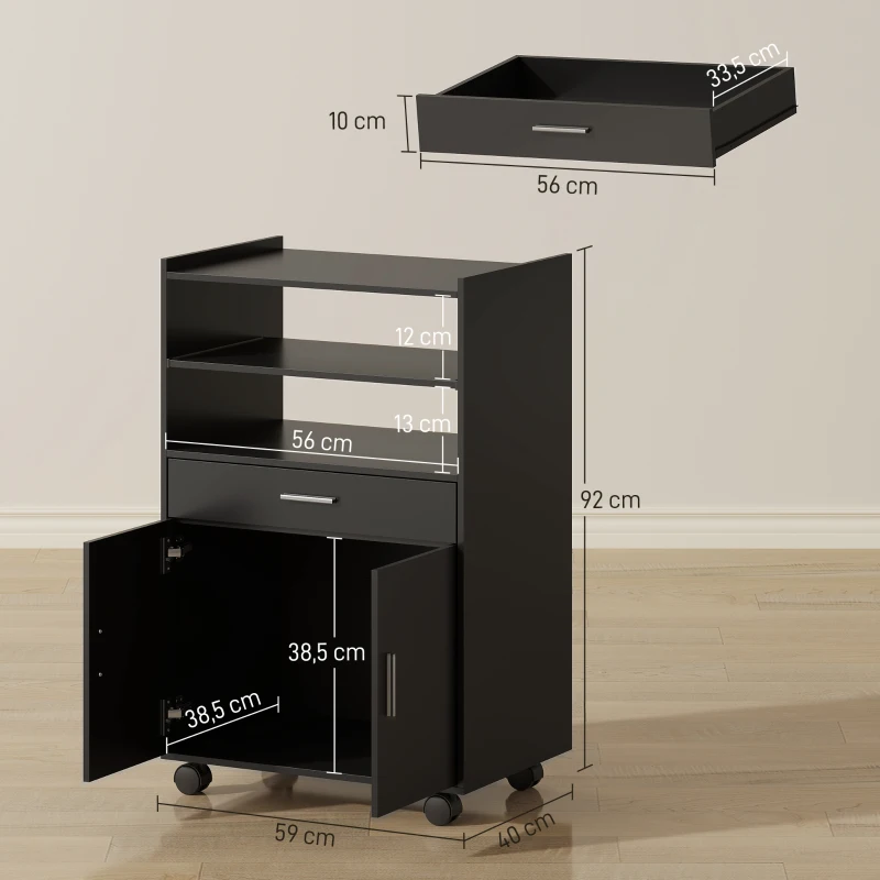 HOMCOM Mikrowellenwagen aus Holz mit Schublade, zweitürigem Schrank und 2 Regalen, 59x40x92 cm, Schwarz