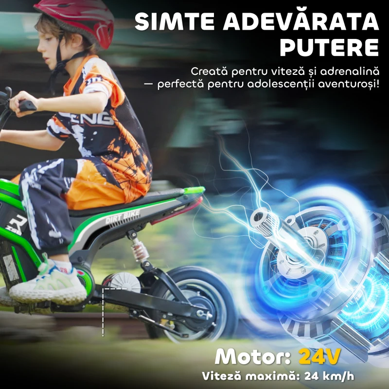 HOMCOM Motocicletă Electrică pentru Copii 8-12 Ani cu Accelerație Manuală și 2 Viteze, 119x64x76,5 cm, Verde