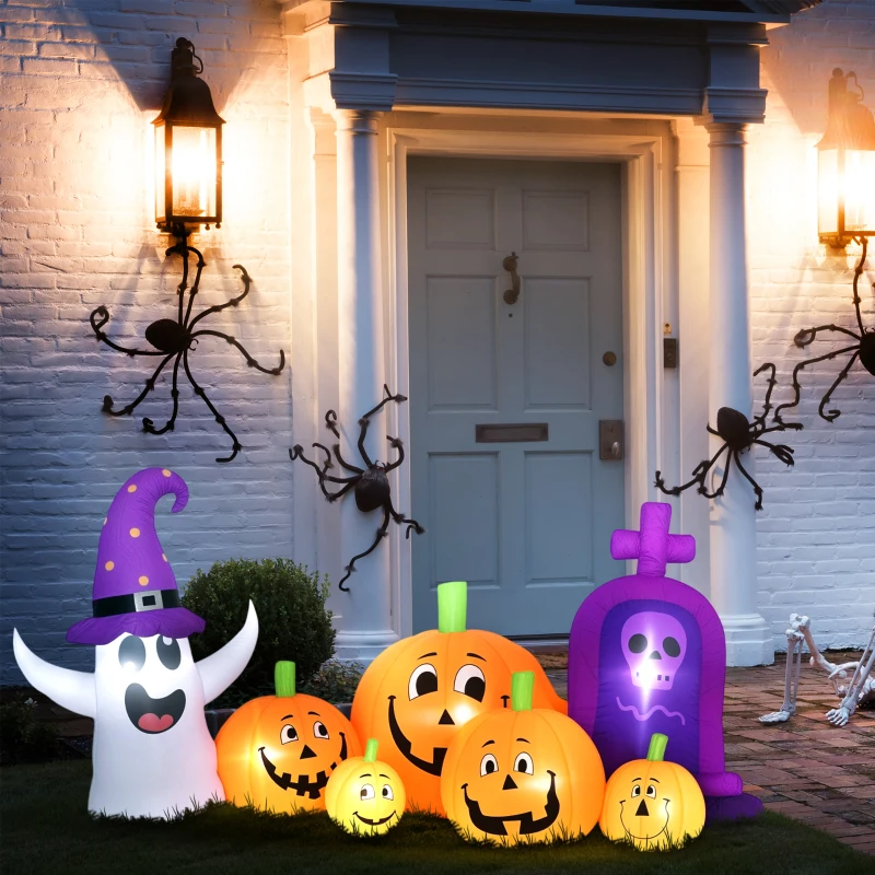 Outsunny Calabaza Gonfiabile di Halloween con Fantasma Lapide con Luci LED IP44 e Gonfiatore per Feste 240x130x130 cm Multicolore