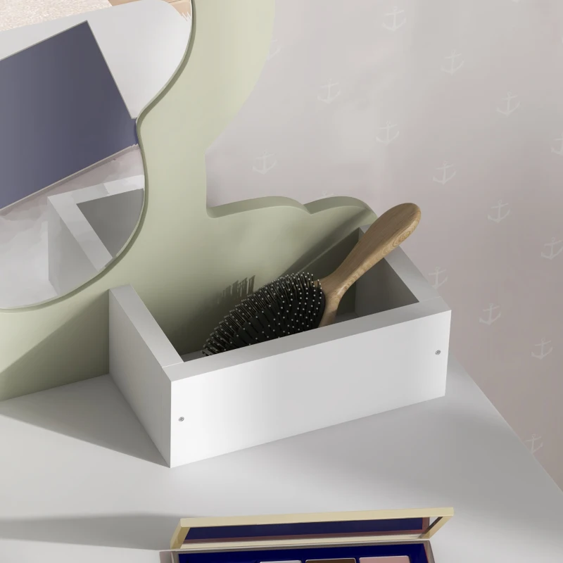 ZONEKIZ Set Toeletta per Bambina con Specchio Trucco e Sgabello Abbinato in Legno, Cassetto e Contenitori, Bianco