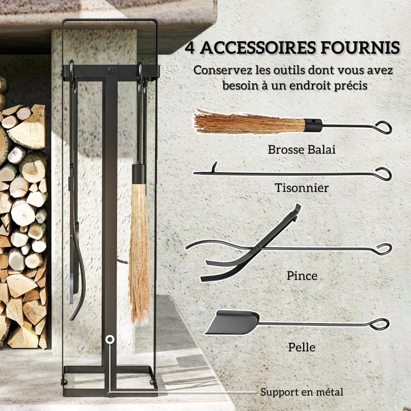 Outsunny Ensemble serviteur de cheminée 5 pièces, accessoires de cheminée, balai-brosse pelle pince tisonnier support métal noir