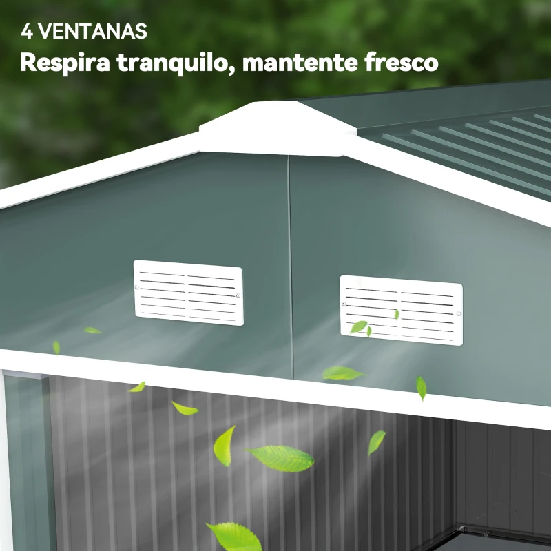 Outsunny Cobertizo de Jardín 12,4 m² 340x386x200 cm con 2 Puertas Corredizas Base Refuerzo (Suelo NO Incluido) Verde