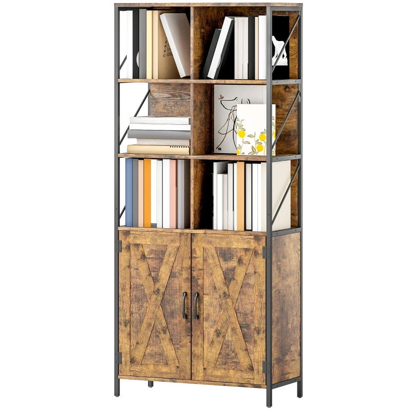 HOMCOM Estante de 6 Níveis Estante de Livros com Compartimentos Abertos 2 Portas Estilo Industrial 75x34x172 cm Castanho Rústico