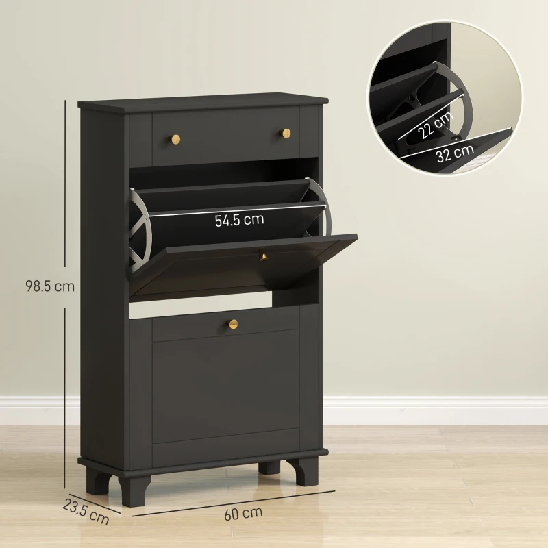 HOMCOM Scarpiera Slim con cassetti a ribalta e scaffale regolabile, 60 x 23,5 x 98,5 cm, nero