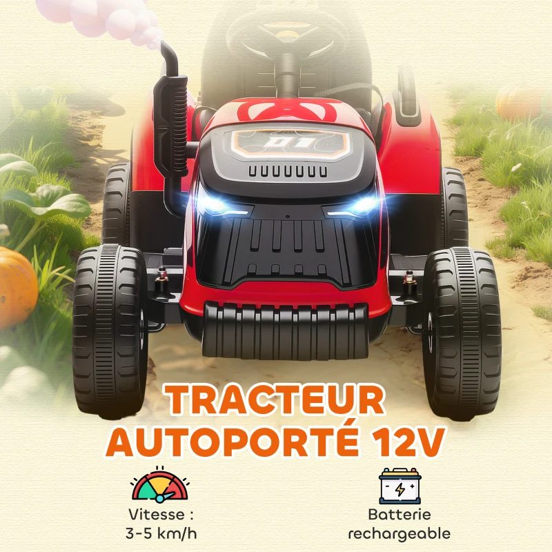 AIYAPLAY Tracteur électrique enfants avec remorque amovible, voiture électrique enfants, télécommande 2,4G, 139x58x55cm, rouge