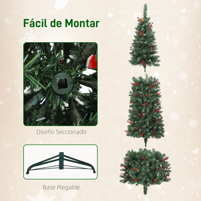 HOMCOM Árbol de Navidad Artificial Estrecho 230 cm con Luces LED 7 Modos de Iluminación 761 Ramas Piñas Bayas y Soporte Verde