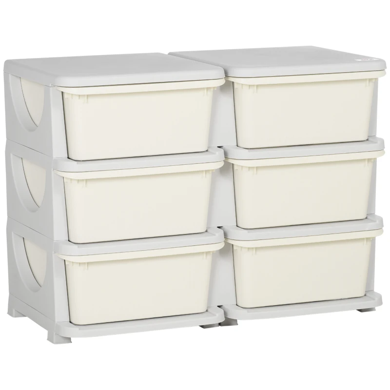 HOMCOM Cassettiera 6 Cassetti per Bambini 3-6 Anni con Bordi Arrotondati, in PP Bianco Crema, 75x37x56.5 cm