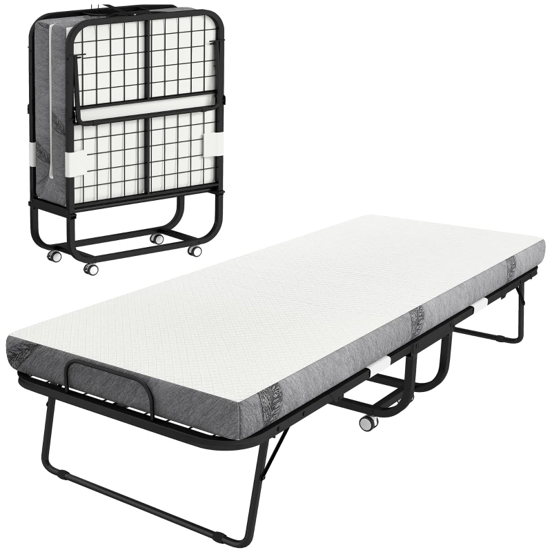 HOMCOM Gästebett Klappbett mit Rollen Stahl+Schaumstoff Weiß+Schwarz 200 x 80 x 42,5 cm