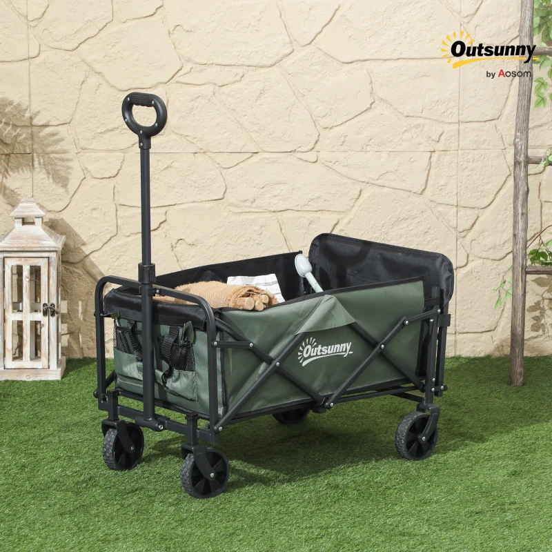 Outsunny Tuinkar 90 kg Draaggewicht, Opvouwbare Transportwagen met Afneembare Zeil, Handvat en Wielen 72 Liter Groen