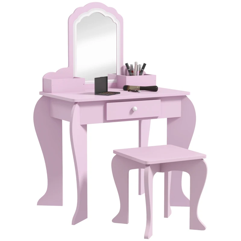 ZONEKIZ Set Kinder Schminktisch mit Spiegel und passendem Hocker aus Holz, Schublade und Behältern, Rosa