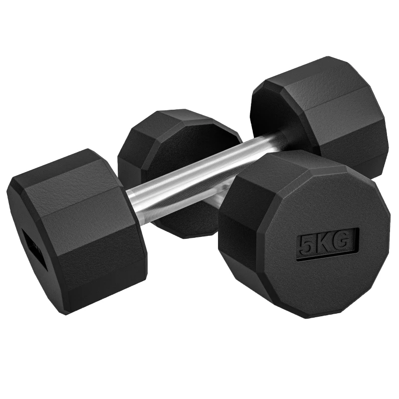 SPORTNOW Set 2 Manubri a 12 Lati da 5 kg in Metallo e Gomma con Impugnatura Antiscivolo, 25x9.5x9.5 cm, Nero