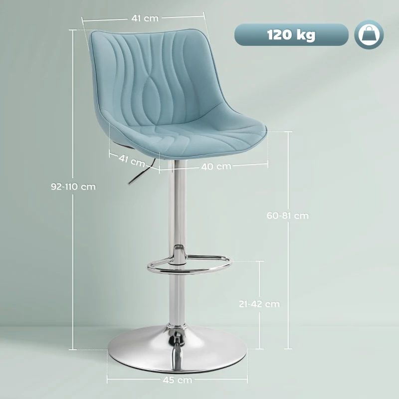 HOMCOM Lot de 2 tabourets de bar, chaises de bar structure en acier hauteur réglable 92-110 cm, dossier repose-pieds bleu foncé