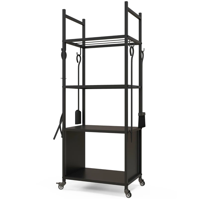 Outsunny Chariot range bûches intérieur, porte-bûches roulettes, 4 outils de cheminée, 4 étagères, métal, 45 x 30 x 118 cm, noir