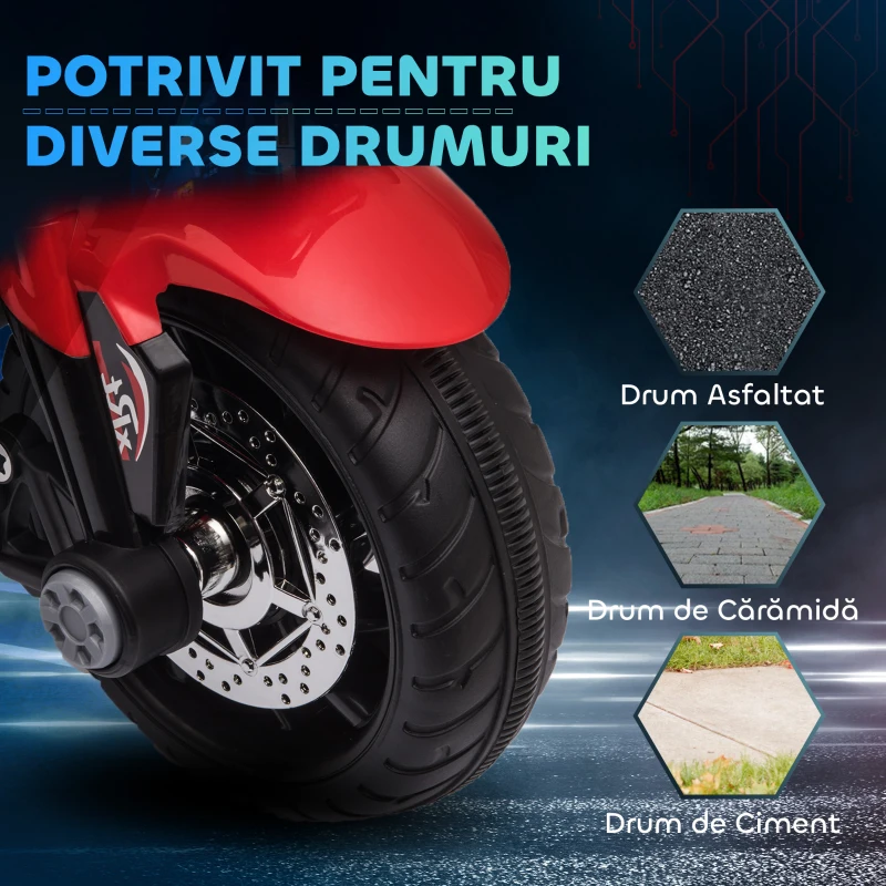 HOMCOM Motocicleta Electrica 6V – Copii 3–5 ani, Rosie cu Lumina & Sunet