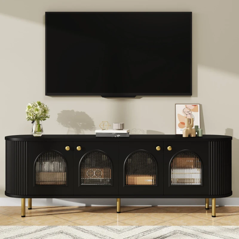 Mobile TV con struttura a onde, ante in vetro, bordi arrotondati, 170x35x55 cm, Nero