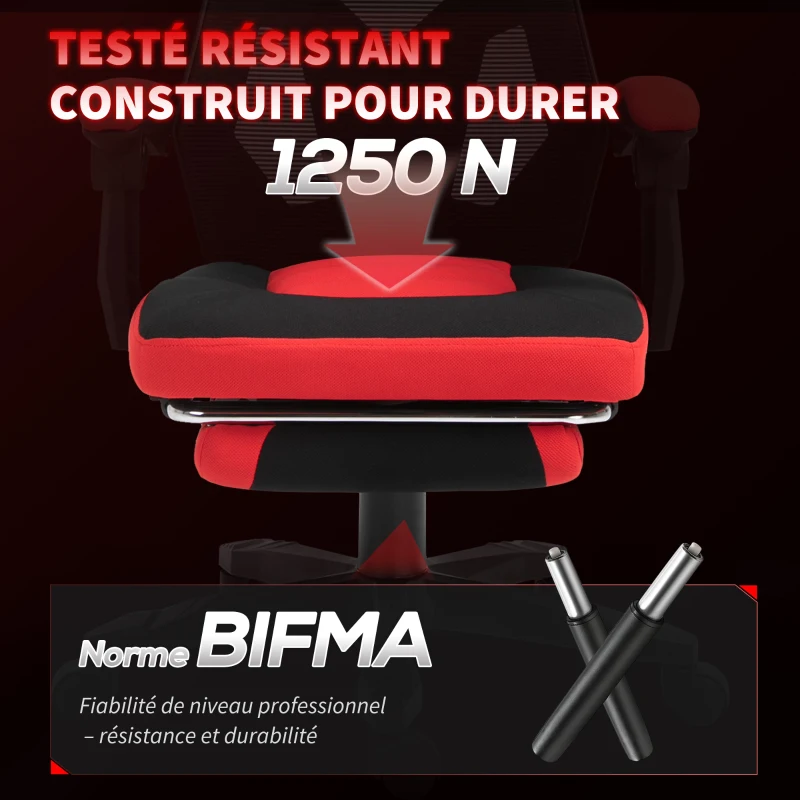 Vinsetto Chaise de bureau fauteuil gaming hauteur réglable dossier roulettes pivotantes repose-pied tissu en maille 58L x 63l x 112-122H cm rouge noir