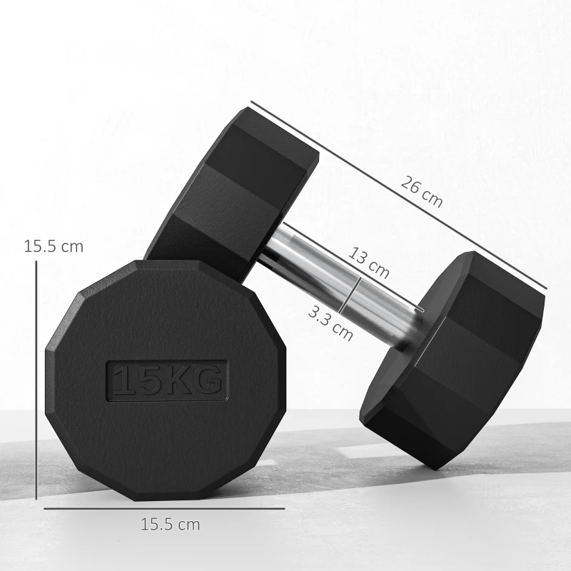 SPORTNOW Set 2 Manubri a 12 Lati da 15 kg in Metallo e Gomma con Impugnatura Antiscivolo, 26x15.5x15.5 cm, Nero