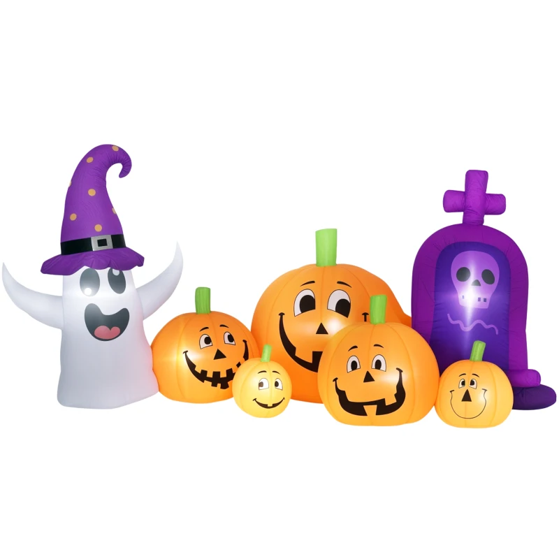 Outsunny Calabaza Inflable de Halloween con Fantasma Lápida con Luces LED IP44 e Inflador para Fiestas 240x130x130 cm Multicolor