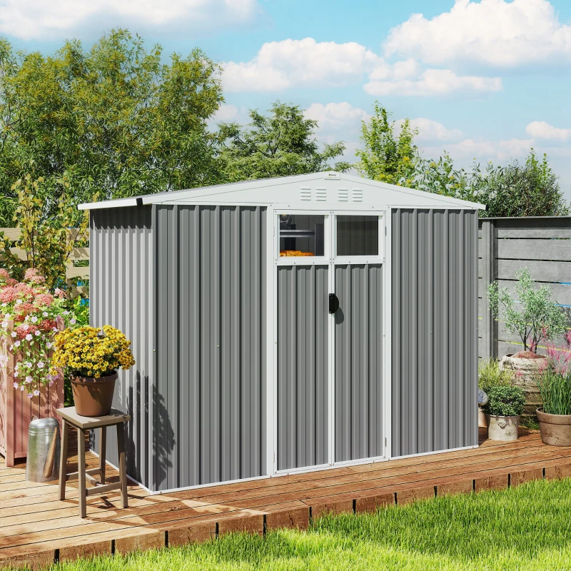 Outsunny 8 x 4 ft Metal Garden Shed, Garden Storage Shed with Window, 4 Vents and Lockable Door, Waterproof Galvanised Steel Tool Storage Shed, Light Grey