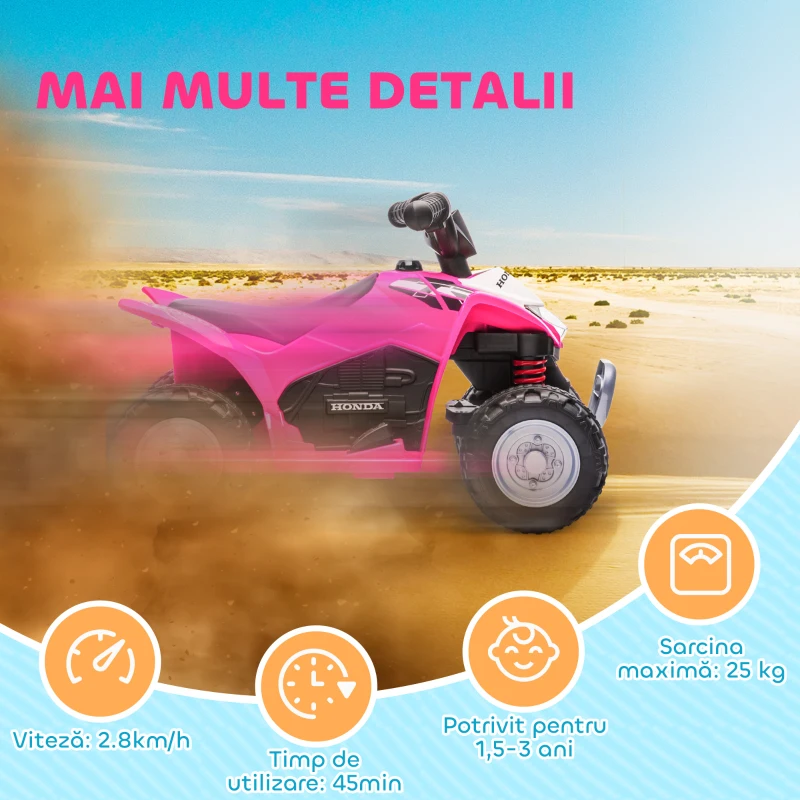 AIYAPLAY ATV Electric, Mini Motocicletă pentru Copii 18-36 Luni cu Lumini LED, Claxon și Pedale, 65,5x38,5x43,5 cm, Roz