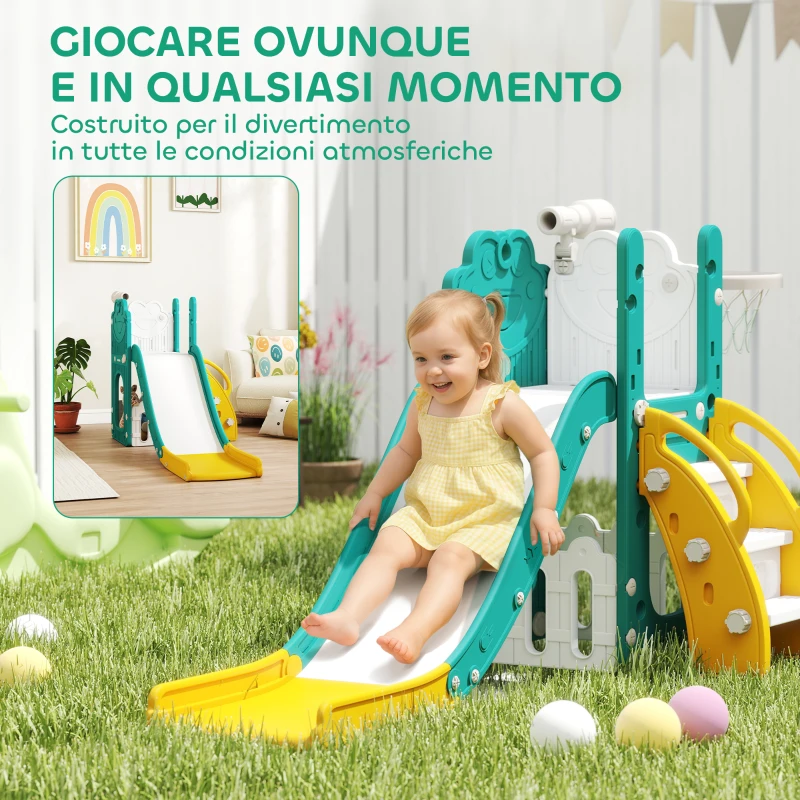 AIYAPLAY Set Scivolo per Bambini 5 in 1 con Canestro, Scaletta e Telescopio Giocattolo, Età 1-3 Anni, Giallo