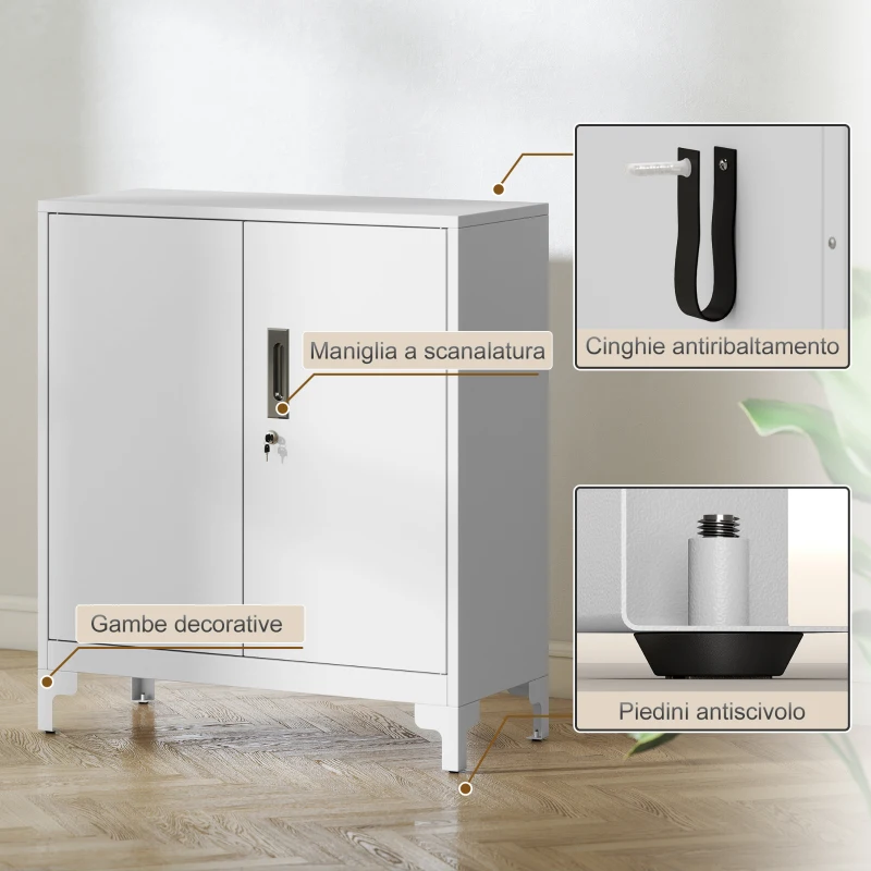 HOMCOM Mobile da Ufficio Portadocumenti con 3 Ripiani, 2 Ante e Chiavi, 80x35x91 cm, Bianco