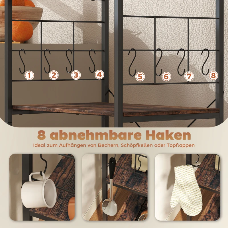 HOMCOM Keukenkast, 4-laags ontwerp, werkblad, 8 haken, metalen buizen, Bruin+Zwart