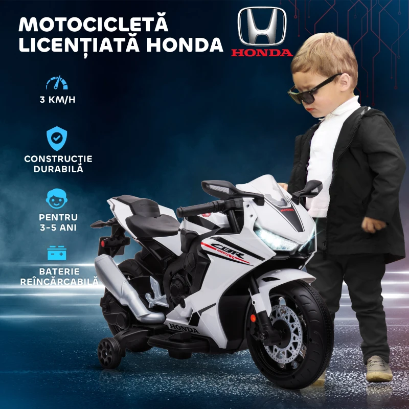 HOMCOM Motocicletă Electrică pentru Copii cu Baterie Reîncărcabilă de 6V, Viteză 3 km/h și Muzică, 90x44x52 cm, Alb(m-6)