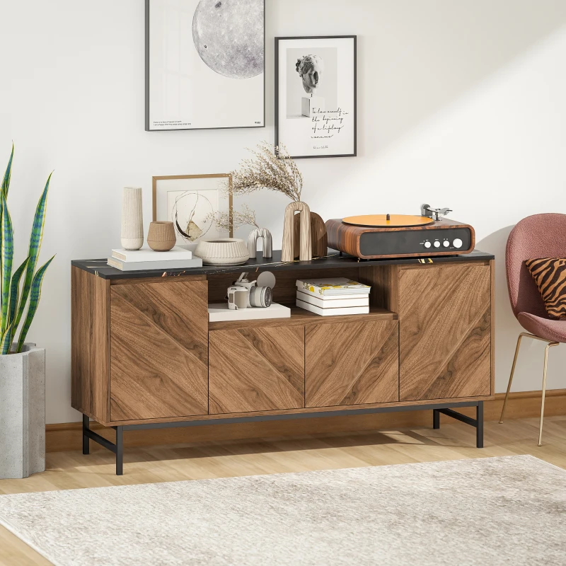 HOMCOM Mobile TV in legno con vano aperto e passacavi, effetto marmo, 140x39x66cm, Marrone