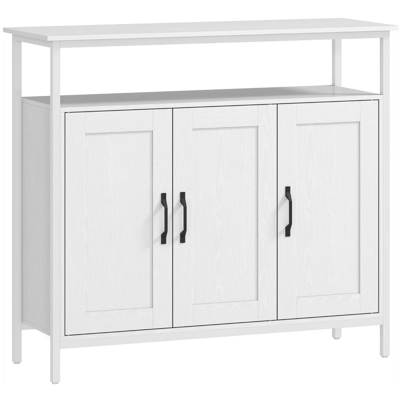HOMCOM Aparador para Salón Industrial con 3 Puertas Compartimento Abierto Estantes Ajustables para Comedor 100x35x88 cm Blanco