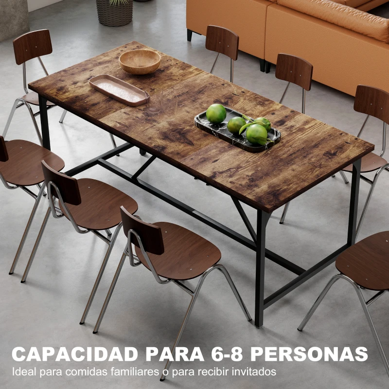 HOMCOM Mesa de Comedor Rectangular para 6-8 Personas Estilo Industrial con Patas de Metal 180x80x75,5 cm Marrón Rústico