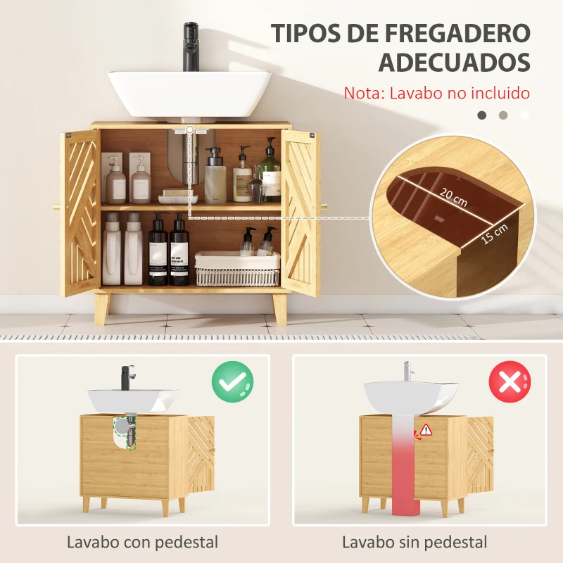 HOMCOM Mueble bajo Lavabo de Bambú con 2 Puertas Lamas y Estante Ajustable para Lavabo sin Pedestal 60x30x60 cm Natural