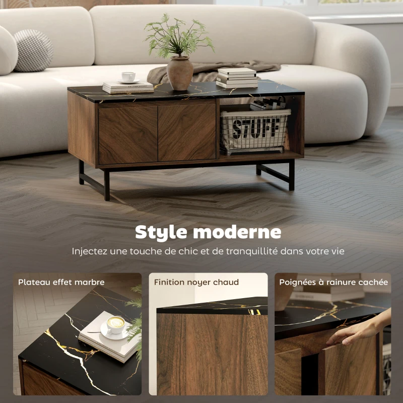 HOMCOM Table basse, table de salon, plateau effet marbre, 2 portes et 2 niches ouvertes, 100 x 50,8 x 45,7 cm, noyer