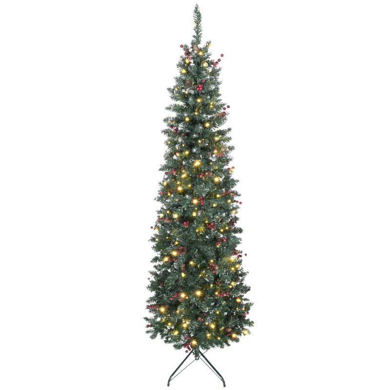 HOMCOM Árvore de Natal Slim 210 cm com Luzes LED 8 Modos de Iluminação 656 Ramos com Purpurina Prateada Pinhas e Bagas Verde