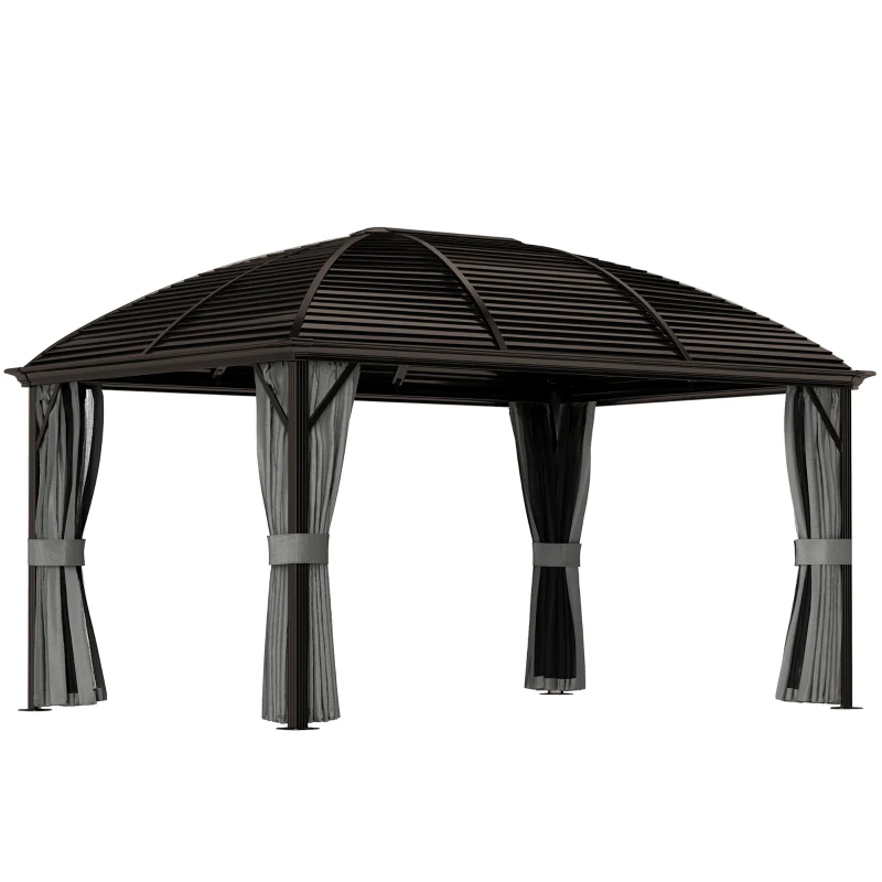 Outsunny 3 x 4m Hardtop Gazebo Canopy with Metal Roof, Aluminium Gazebo Permanent Pavilion with Netting and Curtains, Dark Grey