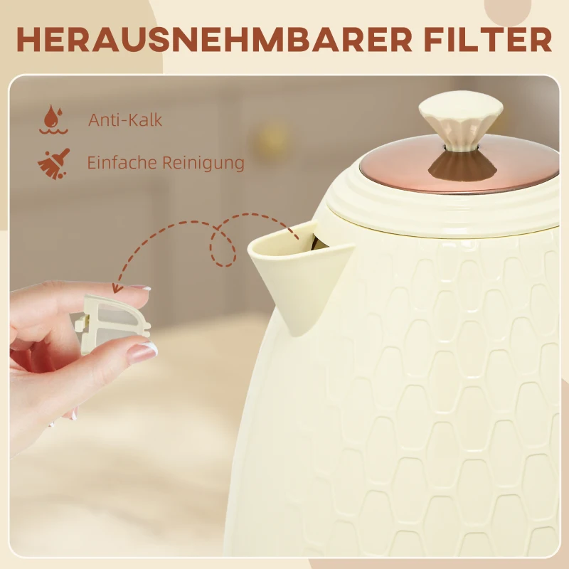 HOMCOM Wasserkocher, 2200W, Sichtfenster, Filter, Schnellkocher, Beige